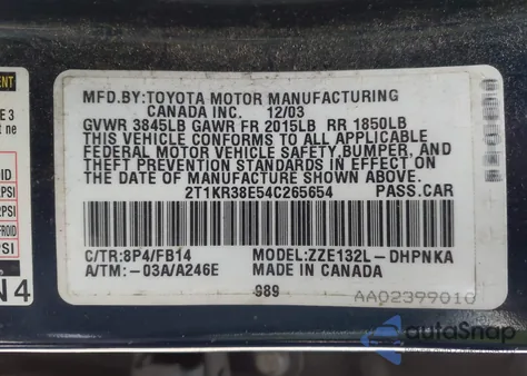 2004 Toyota Matrix Xr from USA, damaged, VIN 2T1KR38E54C265654